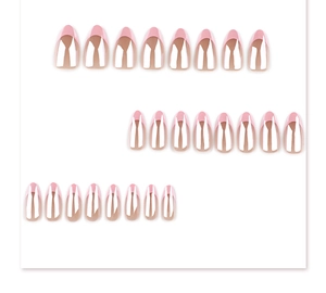 Flat lay of 24 pieces almond-shaped mirror chrome pink French tip press-on nails