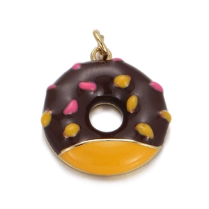 Close-up of enamel donut pendant with chocolate glaze and colorful sprinkles detail