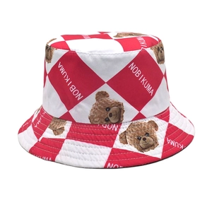 Red and white checkered sun hat with brown bear print and Nobi Kuma lettering