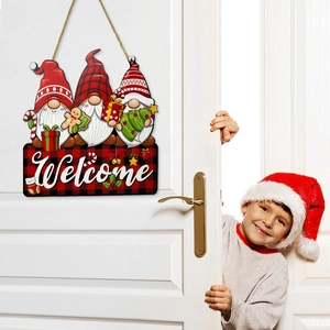 Christmas Welcome Sign Wooden Door Hanging Gnomes Buffalo Plaid Plaque Holiday Wall Decor Rural Farmhouse Style