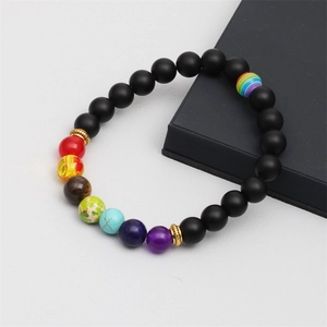 Vue détaillée du bracelet chakra avec perles noires mates et sept gemmes colorées