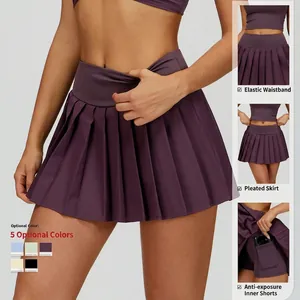 Pleated tennis skirt with built-in shorts and phone pocket for running and yoga fitness