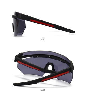 Side and back view of oversized matte black cycling sunglasses with red accents