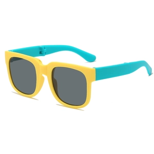 Foldable kids square sunglasses with yellow frames and cyan temples, UV protection lens