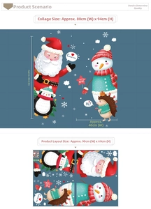 Detailed size chart of Christmas wall stickers featuring Santa, snowman and penguin motifs