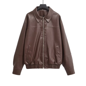 Women's brown PU leather bomber jacket with turn-down collar and zipper closure