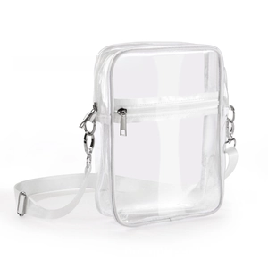 Close-up of transparent PVC crossbody bag featuring white trim and silver metal hardware