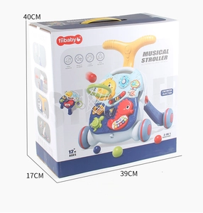 Detail view of musical baby walker packaging showing 3-in-1 features and 40x17x39cm box size