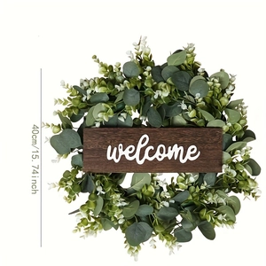 Artificial eucalyptus welcome wreath with wood sign and 40cm size marker on white background