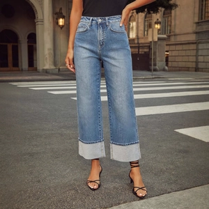 Women's stretch straight-leg jeans with high waist and wide-cuff retro hems in deep blue