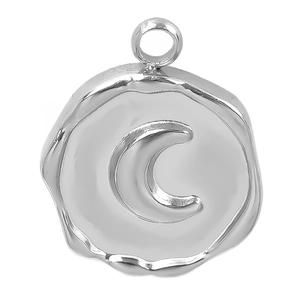 Macro detail of silver moon pendant with irregular molten edges and 304 stainless steel texture