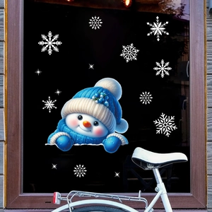 Cute 3D snowman window static stickers with blue hat and snowflakes for Christmas decor