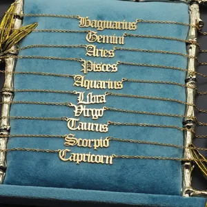 Gothic 12 zodiac signs titanium steel necklaces in gold finish on blue velvet display
