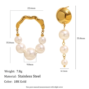18K gold plated stainless steel irregular hoop and long pearl drop earrings with dimensions