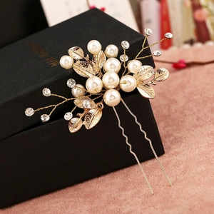 Handmade Artificial Pearl Rhinestone Bridal Hair Fork U-shaped Hairpin Gold Alloy Flower Leaf Wedding Jewelry Accessories For Women