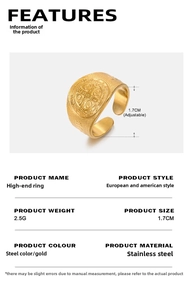 Macro view of gold stainless steel ring featuring detailed Saint Benedict Medal engraving