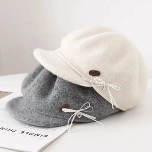 Women Woolen Octagonal Hat With Polka Dot Bowknot Metal Heart Pendant Retro Newsboy Cap Warm Winter Beret For Ladies