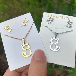 Charming hollow cat necklace and stud earrings jewelry set in gold and silver stainless steel