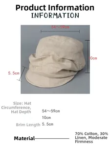 Size chart showing dimensions and 70% cotton 30% linen blend for the newsboy cap