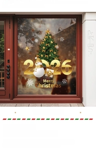 Detail of Christmas window stickers featuring 2026 numbers, snowmen and festive trees