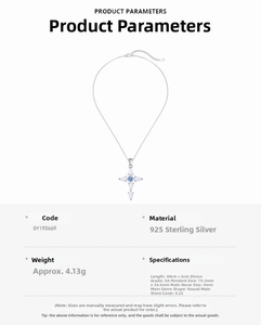 Macro shot of S925 sterling silver cross necklace with detailed product dimensions and weight