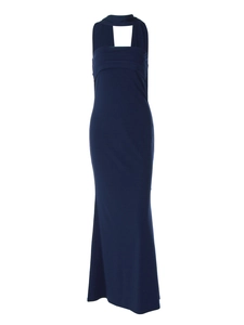 Robe longue sirène bleu marine à licou avec coupe ajustée et détails plissés sur la poitrine