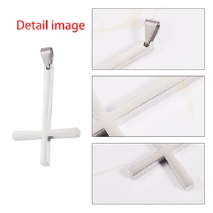 Polished stainless steel inverted cross pendant necklace charm shown in detailed views