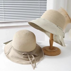 Women Large Brim Straw Bucket Hat Summer Sunshade Foldable Fabric Splicing With Bow And Lace Trim Adjustable Breathable