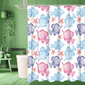 Detailed view of white waterproof shower curtain with colorful fish and starfish patterns