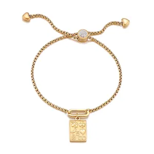 Adjustable Pull Bracelet Stainless Steel Rectangular Lucky Symbol Pendant Zirconia Inlaid Elegant Jewelry For Women