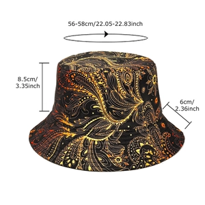 Chapeau bob noir avec imprimé paisley phénix orange et mesures de taille détaillées