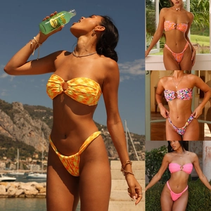 Women Sexy Bandeau Bikini Set Floral Print Two Piece Swimsuit Ring Detail Beachwear High Cut Bathing Suit Summer Vacation