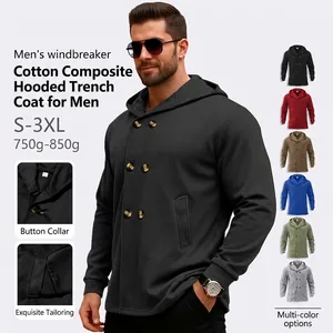 Men Hooded Trench Coat Slim Fit Double Breasted Mid Length Outerwear Solid Color Casual Cotton Blend Jacket