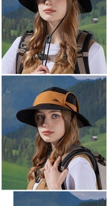 Detail of adjustable drawstring and mountain logo on waterproof outdoor sun hat