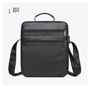 Rear view of black lychee leather business crossbody bag with dual parallel zippers