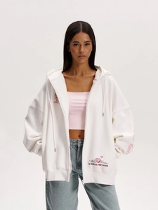 Felpa con cappuccio Y2K oversize bianca con zip, crop top rosa e stampe grafiche