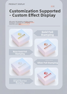 Detail of four logo hot stamping finishes including gold, silver, and rose gold on jewelry boxes