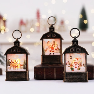 Christmas lantern ornaments with LED flame and reindeer santa patterns for holiday decor