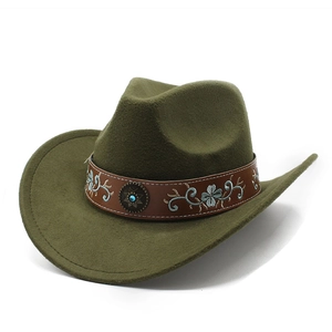 Detail of olive green wool felt cowboy hat with blue floral embroidery and turquoise buckle