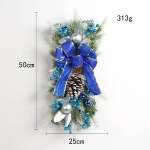 Blue Christmas teardrop swag with glitter bow and pine cones, size 50x25cm and weight 313g