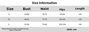 Detailed size chart for lace backless slip dress showing bust, waist, and length in cm