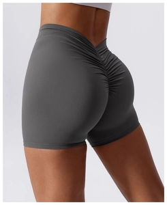 Detailed back view of high-waisted dark grey yoga shorts with scrunch butt lift feature