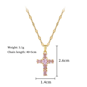 Detailed view of gold cross necklace with pink zircon including size and weight specs