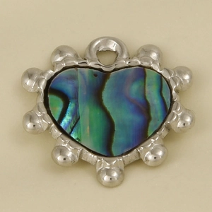 Detailed view of 304 stainless steel heart pendant with iridescent abalone shell inlay