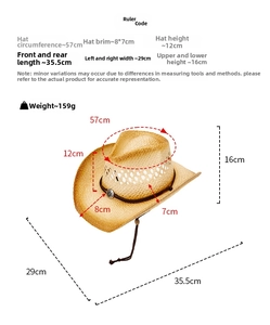 Size guide for western straw cowboy hat showing head circumference and brim measurements