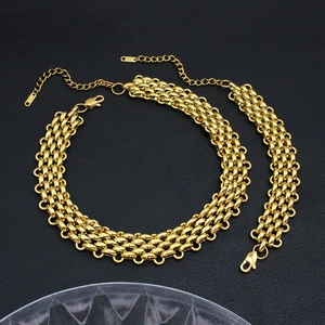 Polished gold multi-row woven corn chain necklace and bracelet jewelry set with lobster clasp