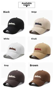 Detailed view of baseball caps in black, beige, white, khaki, grey, and brown colors