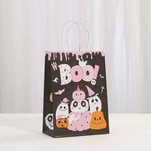 Pink Halloween kraft paper gift bag with cute ghost prints and sturdy white handles