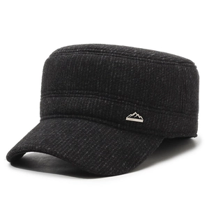Winter men's thickened flat top hat with ear flaps and silver mountain metal logo