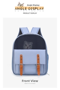 Front view of light blue pet backpack featuring breathable mesh and brown leather straps